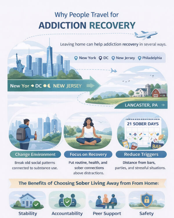 Why people travel for addiction recovery infographic showing benefits of licensed sober living and recovery support environments.