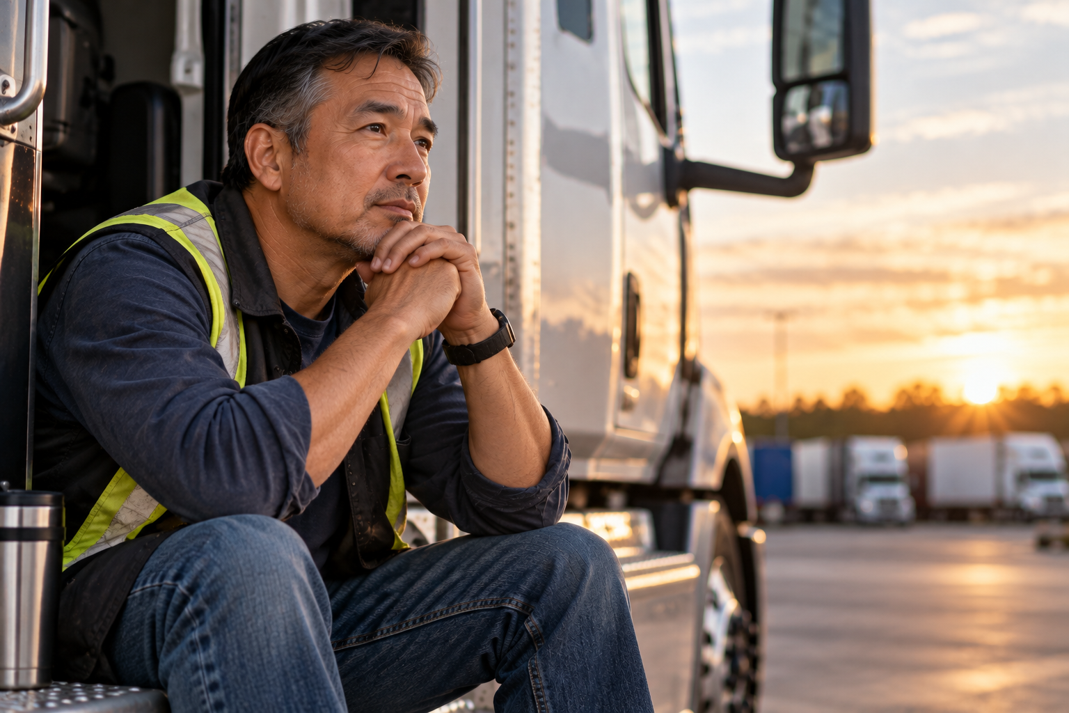 Experienced Asian truck driver reflecting beside his truck, illustrating career uncertainty and rebuilding professional identity after addiction.