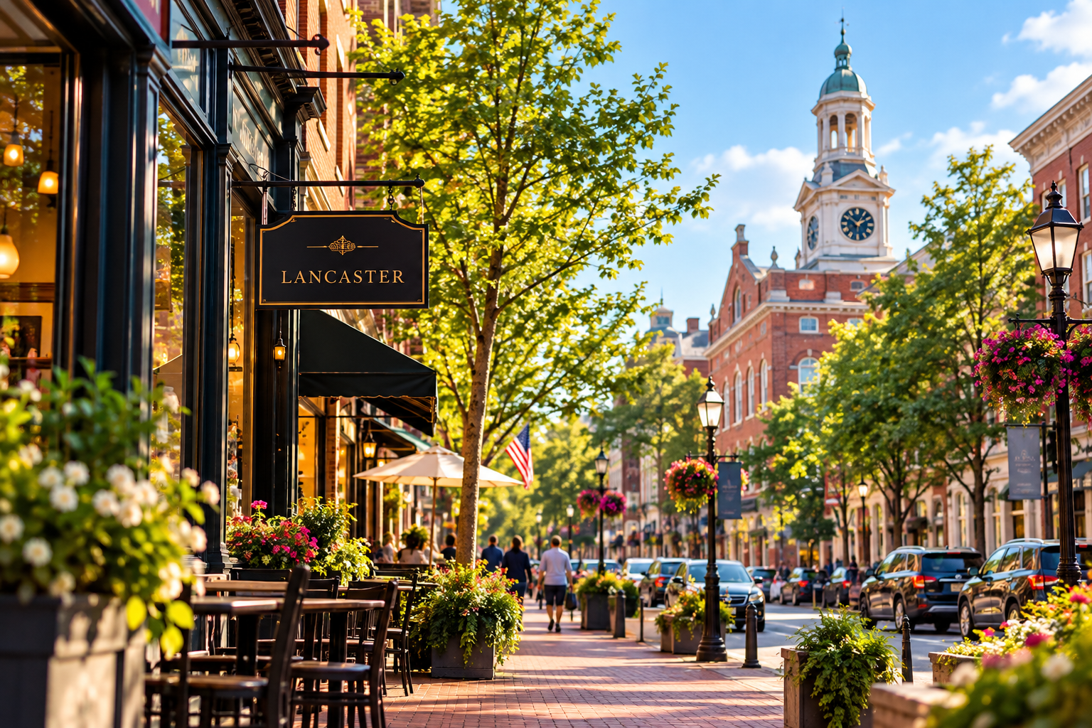 Vibrant, walkable streetscape inspired by Historic Downtown Lancaster, Pennsylvania, illustrating a fresh start and new opportunities in addiction recovery.