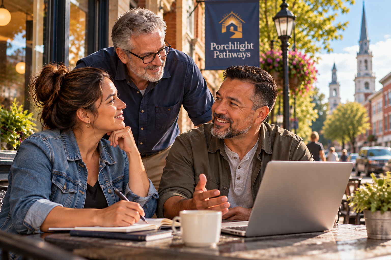 Three adults collaborating over a laptop at an outdoor café, with a PorchLight Pathways banner representing mentorship and career opportunities.
