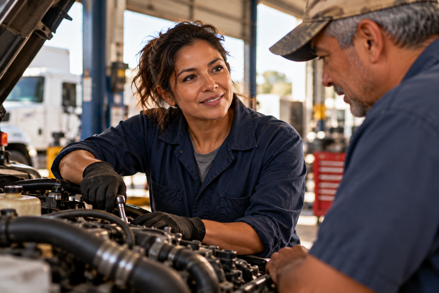 Experienced Latina mechanic collaborating with an older colleague on an engine, illustrating transferable skills and professional value.